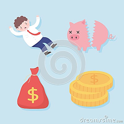 Bankruptcy broken piggybank worried man bag money business process financial crisis Vector Illustration