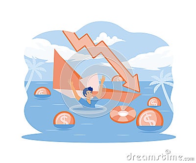 Bankruptcy business. Economic financial crisis, sinking business, loan payback money problem. Vector Illustration