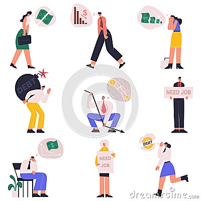 Bankruptcy, company financial trouble, business problems and economical crisis. Stressed office workers in financial Vector Illustration