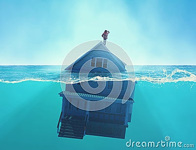 House sinking into the ocean . Half splitted image in the sea of a home floating Cartoon Illustration