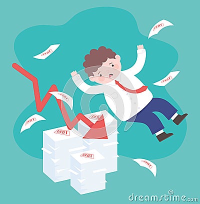 Bankruptcy falling sad businessman arrow with debt sheets business financial crisis Vector Illustration