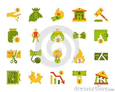 Bankruptcy simple flat color icons vector set Vector Illustration