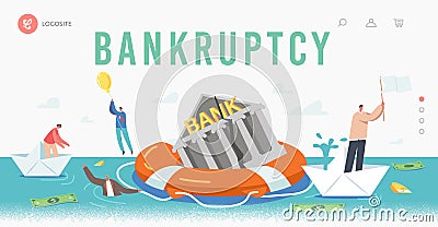 Bankruptcy Landing Page Template Businesspeople Characters Swim around Sinking Bank Building on Lifebuoy, People Survive Vector Illustration