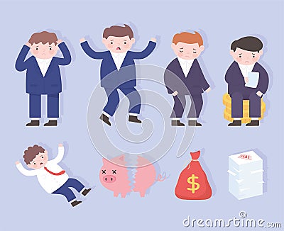 Bankruptcy sad businessmen broken piggybank money business process financial crisis Vector Illustration