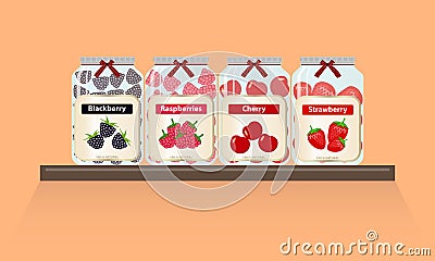Banks with jam are on the shelf. A set of jars with jam, canned food. Vector Illustration