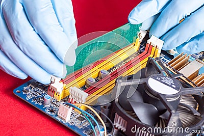 Banks of memory in hands inserting to PC mainboard Stock Photo