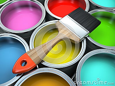 Banks of multicolored paint and brush Cartoon Illustration