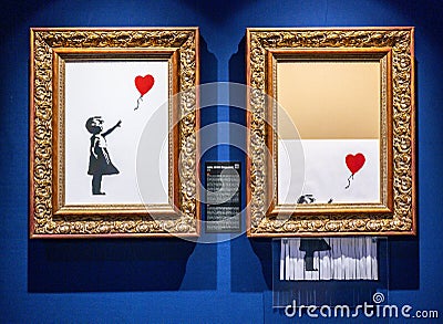 Banksy, `Girl With Balloon` 2002, art by Banksy, anonymous English street graffiti artist Editorial Stock Photo