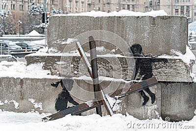 Banksy graffiti in the center of Kyiv, Ukraine Editorial Stock Photo