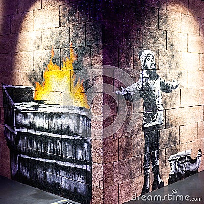 Banksy, `Snow` 2018, art originally on mural by Banksy, anonymous English street graffiti artist Editorial Stock Photo