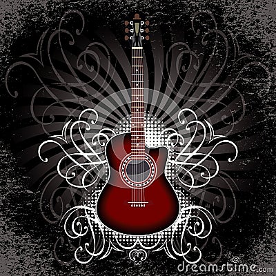 Banner with acoustic guitar on black background Vector Illustration