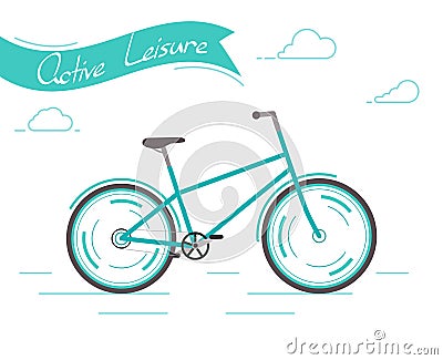 Banner Active leisure. Green bicycle. City bike Vector Illustration