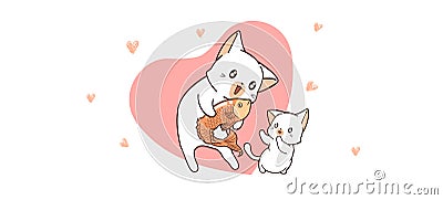 Banner adorable cat is giving fish to baby cat Vector Illustration