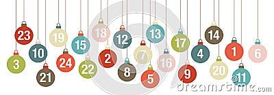 Banner Advent Calendar Hanging Christmas Balls Retro Colors Vector Illustration