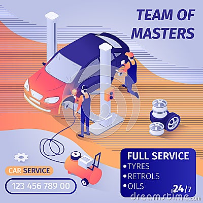 Banner Advertises Skilled Teamwork in Car Service Vector Illustration