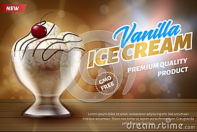 Banner Advertises Vanilla Ice Cream Balls in Glass Vector Illustration