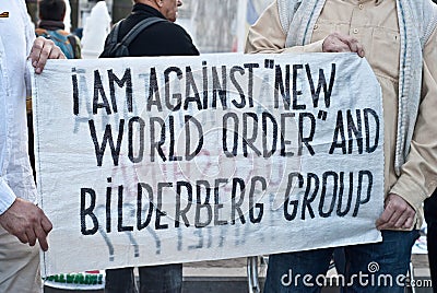 Banner against New World Order and Bilderberg Group Editorial Stock Photo