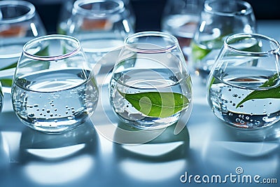 Banner allure laboratory glassware and Petri dishes afloat on water Stock Photo