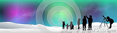 BANNER Aurora Northern Lights with Snow at Night silhouette people looking at stars Vector Illustration