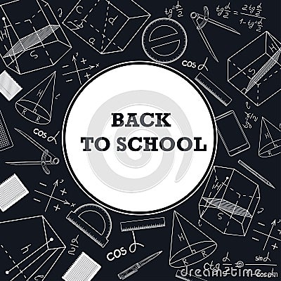 Banner back to school with a picture of school supplies on a chalkboard. Vector Illustration