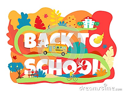 Banner back to school. The school bus goes up the hill to the school. A girl riding a bike. Autumn in red. Vector Illustration