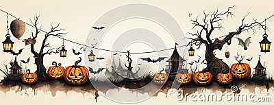 Banner and backdrop for kids Halloween party with white background Cartoon Illustration