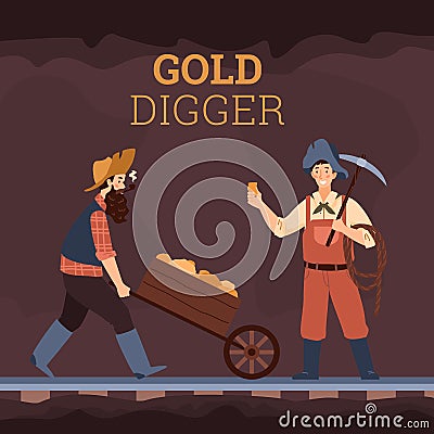 Banner background with gold diggers underground, flat vector illustration. Vector Illustration