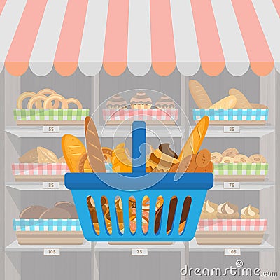 Banner with bakery products in shopping basket. Wheat, rye and whole grain bread. Pretzel and bagel, ciabatta and muffin Vector Illustration