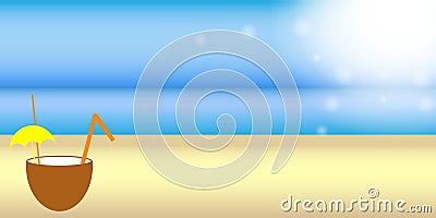 A banner with a beautiful seascape, a coconut cocktail with an umbrella in the foreground, the concept of a summer vacation Stock Photo