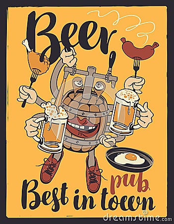 Banner with beer monster. Barrel with your hands Vector Illustration