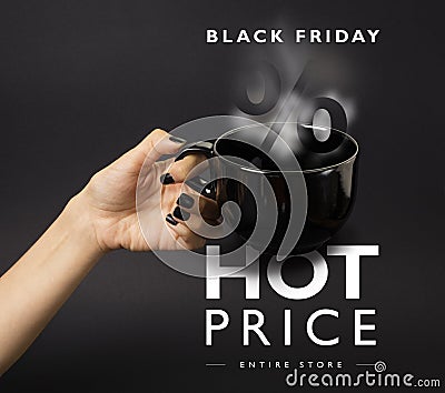Banner for Black Friday sale - female hand with black nails holding a big, black, steaming cup. Stock Photo