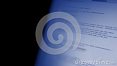 Banner with black space for design and your text. Android mobile development. Application source code on notebook blue screen Stock Photo