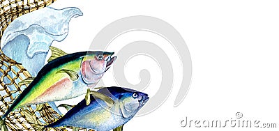 Banner of blue tuna and fishnet watercolor illustration isolated on white. Cartoon Illustration