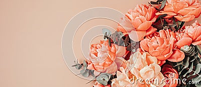 Banner of bouquet of coral peonies. Artisan florist, floral shop, flowers delivery concept Stock Photo