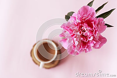 Banner of Bouquet Peony flowers and cup of coffee Stock Photo