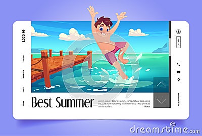 Banner with boy jumping in water from wooden pier Vector Illustration