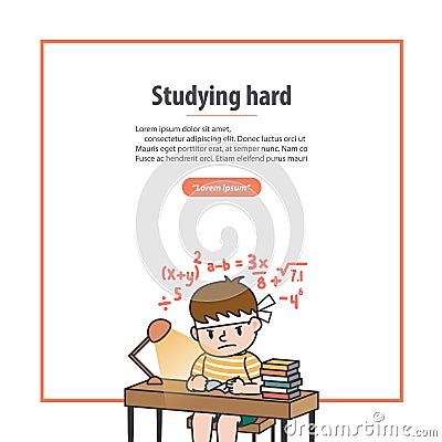 Banner the boy is studying hard with math and a lot of book on the table illustration vector on white background. Education and Vector Illustration