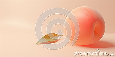 A banner with an bright orange isolated peach with a green leaf on a peach fuzz color background. Fruit Copy space Stock Photo