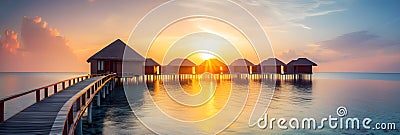 Banner of bungalows on a tropical sea at sunset, illustrator ai generative Stock Photo