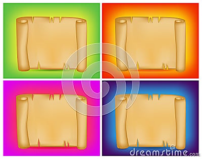 Banner, card set with empty paper scroll on colorful background. Blank vector ancient scroll of parchment wallpaper. Poster or bro Vector Illustration