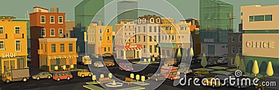 Banner cartoon street panorama city 3d. Outdoor advertising daylight. Very high detail. Cars end buildings. Place for Cartoon Illustration