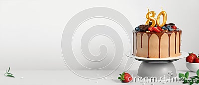 Banner with Chocolate birthday cake with berries, cookies and number eighty golden candles on White background, copy Stock Photo