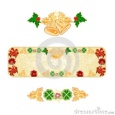 Banner Christmas decoration snowflakes with bells and poinsettia and cloverleaf vintage vector illustration editable Vector Illustration