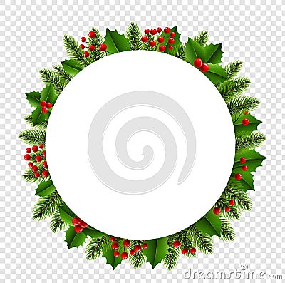 Banner With Christmas Fir Tree And Holly Berry Transparent Background Vector Illustration