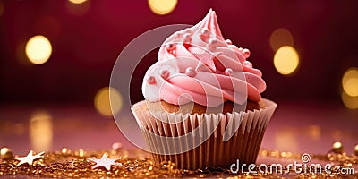 Banner with Christmas pink cupcake with pink whipped cream or cream, golden sprinkles Stock Photo