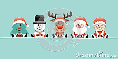 Banner Christmas Tree Snowman Reindeer Santa And Wife Turquoise Vector Illustration