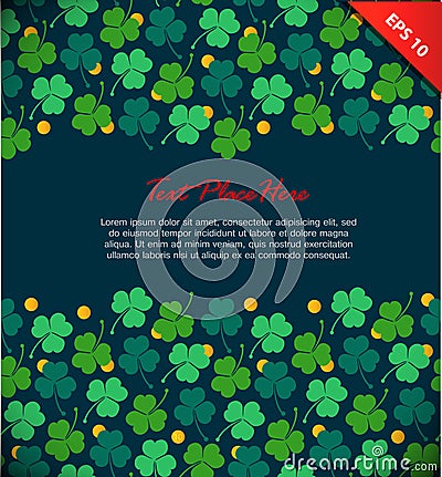 Banner with clover, trefoil. St. Patrick`s day. Design template with decorative floral elements and gold coins. Vector Illustration