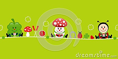 Banner Cloverleaf Fly Agaric And Ladybug Icons Green Vector Illustration