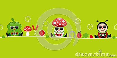 Banner Cloverleaf Fly Agaric And Ladybug Sunglasses Icons Green Vector Illustration