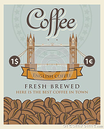 Banner with coffee beans and London tower bridge Vector Illustration